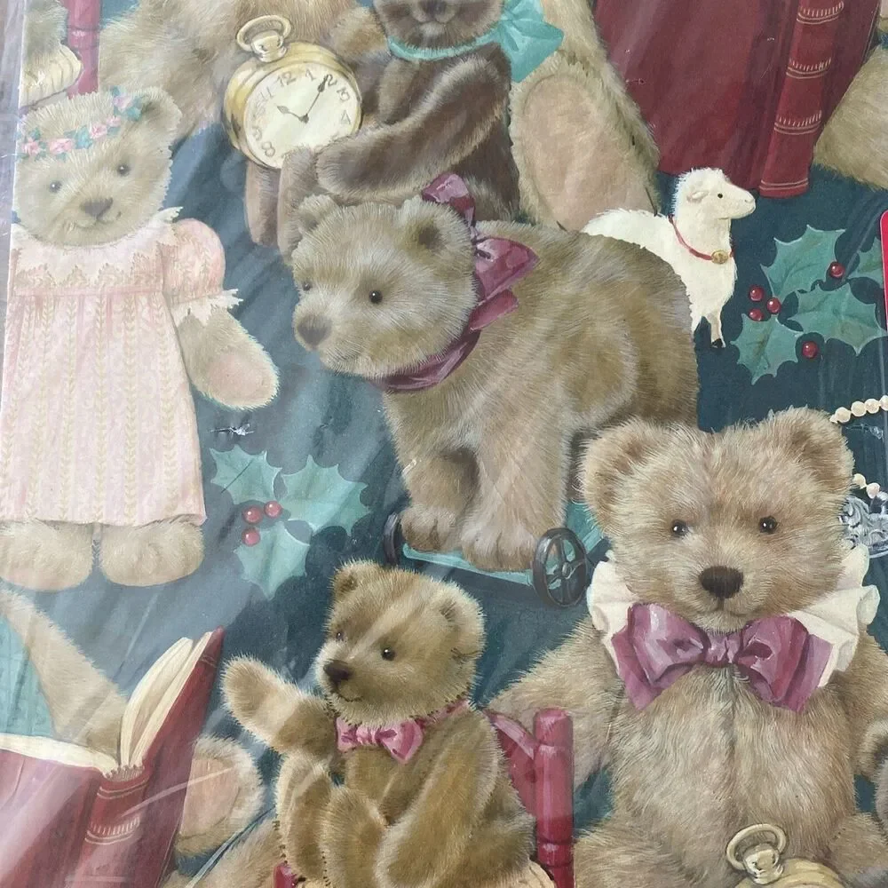 Vintage Christmas Gift Wrapping Paper Teddy Bear Toys Holly Lamb New Old Stock
